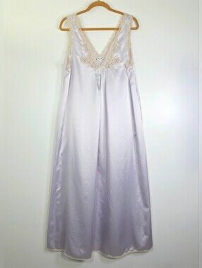 VINTAGE CHRISTIAN DIOR LINGERIE LILAC SATIN LACE MAXI NIGHTGOWN ILGWU MADE